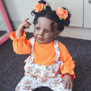Rebornova Reborn Baby Dolls Black Skin 24 Inch Realistic Soft Body Gray Eyes Clothes Handmade Girl Doll and Toy Accessories Gift for Kids Age 3+