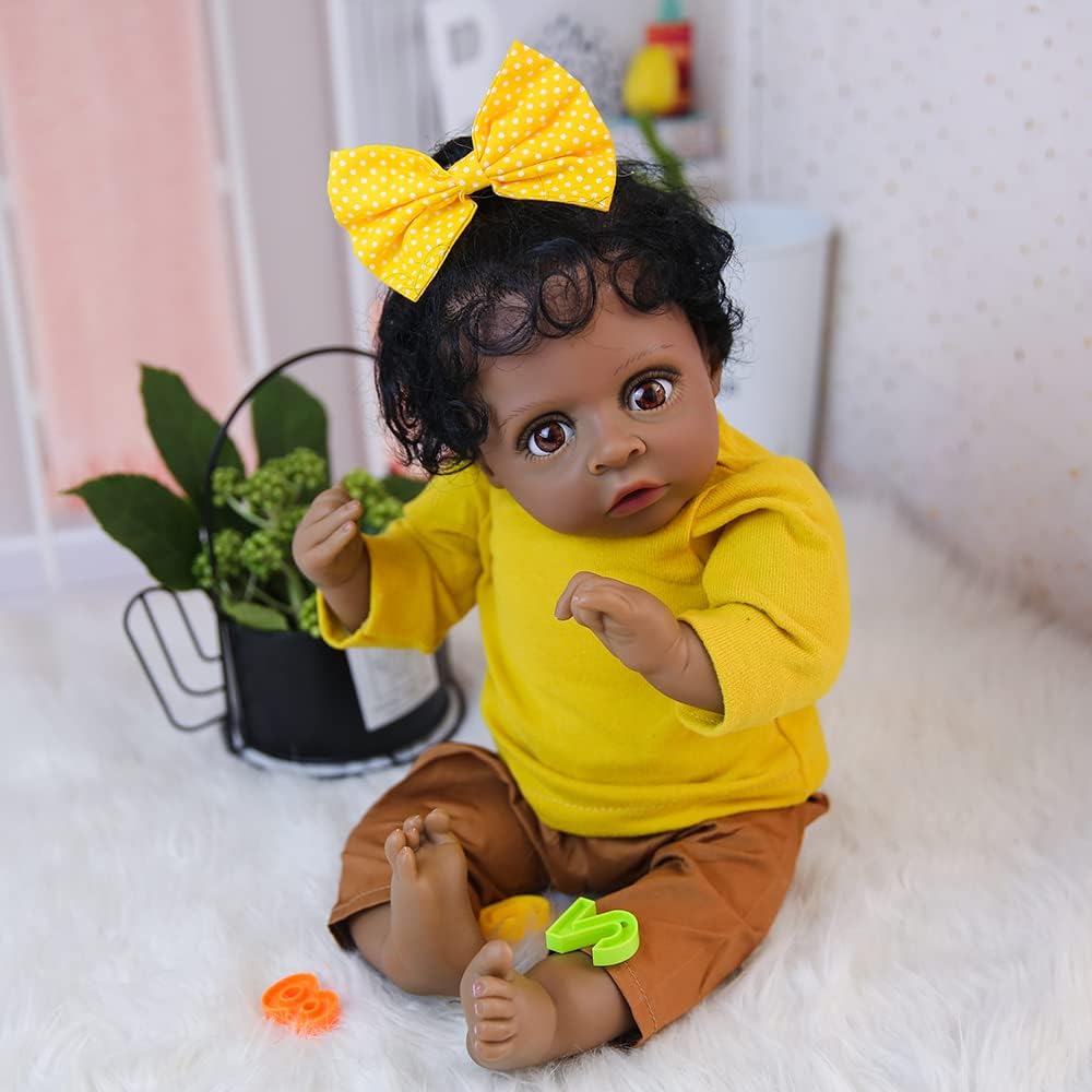 Reborn Baby Doll 20" New Model Realistic Black Skin Soft Body Newborn Babies Dolls Lifelike Silicone Limbs Toddler Girls Doll Toy & Gift Set for Kids