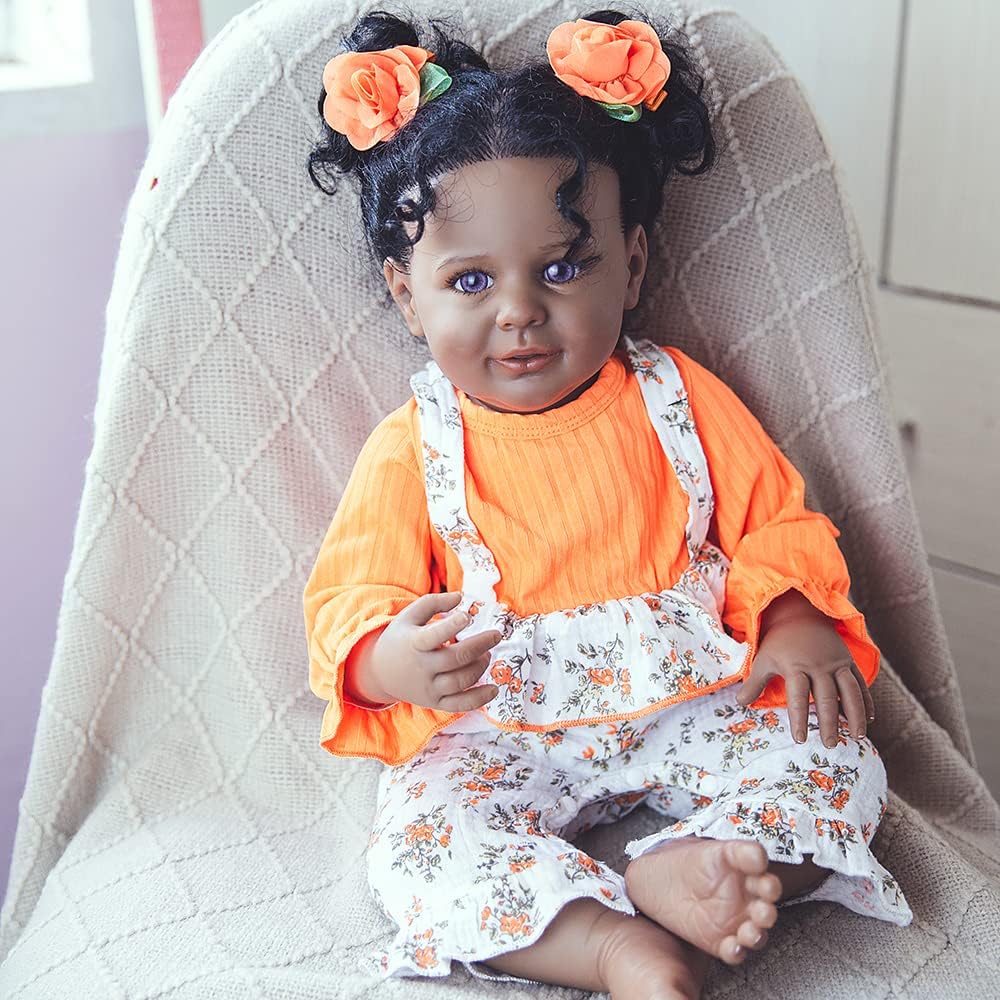 Rebornova Reborn Baby Dolls Black Skin 24 Inch Realistic Soft Body Gray Eyes Clothes Handmade Girl Doll and Toy Accessories Gift for Kids Age 3+