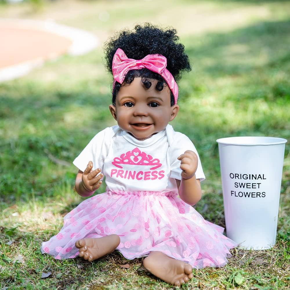 Rebornova Lifelike Reborn Baby Dolls 20" Black Skin Soft body African American Realistic Silicone Limbs Girl Doll Birthday Gift Set for Children Age 3+