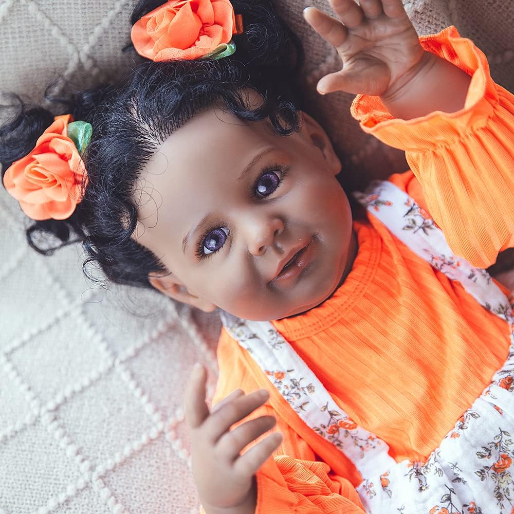 Rebornova Reborn Baby Dolls Black Skin 24 Inch Realistic Soft Body Gray Eyes Clothes Handmade Girl Doll and Toy Accessories Gift for Kids Age 3+