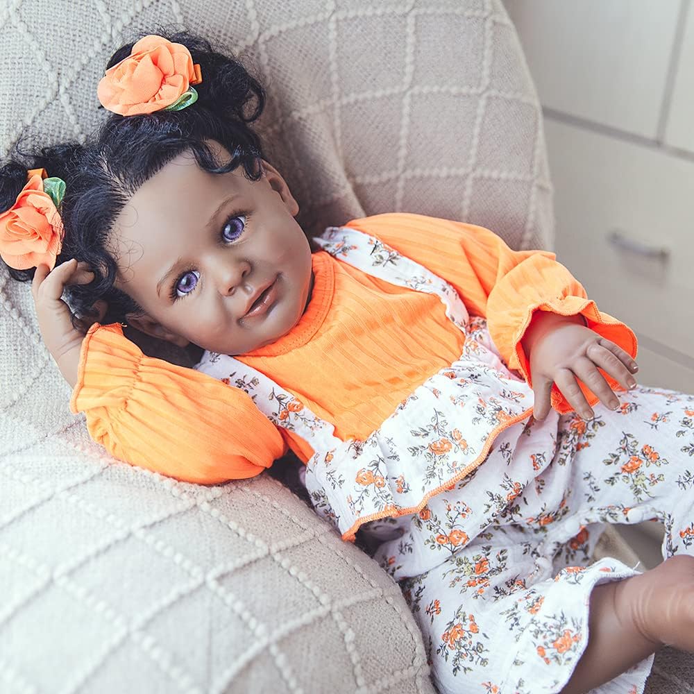 Rebornova Reborn Baby Dolls Black Skin 24 Inch Realistic Soft Body Gray Eyes Clothes Handmade Girl Doll and Toy Accessories Gift for Kids Age 3+