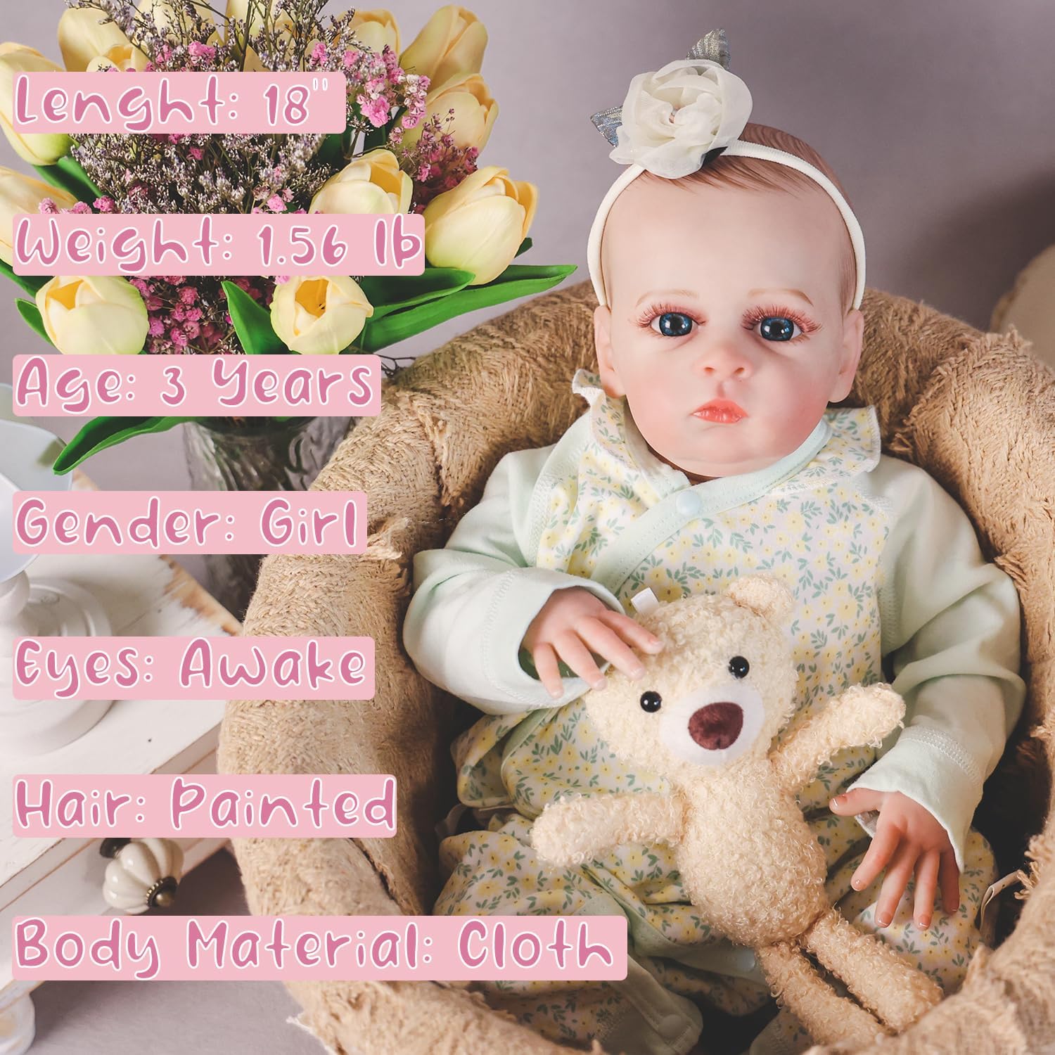 HOOMAI Realistic Reborn Baby Dolls Realistic 18" Newborn Girl Silicone Dolls Soft Cloth Body with Feeding Accessories Gift Box for Kids Age 3+